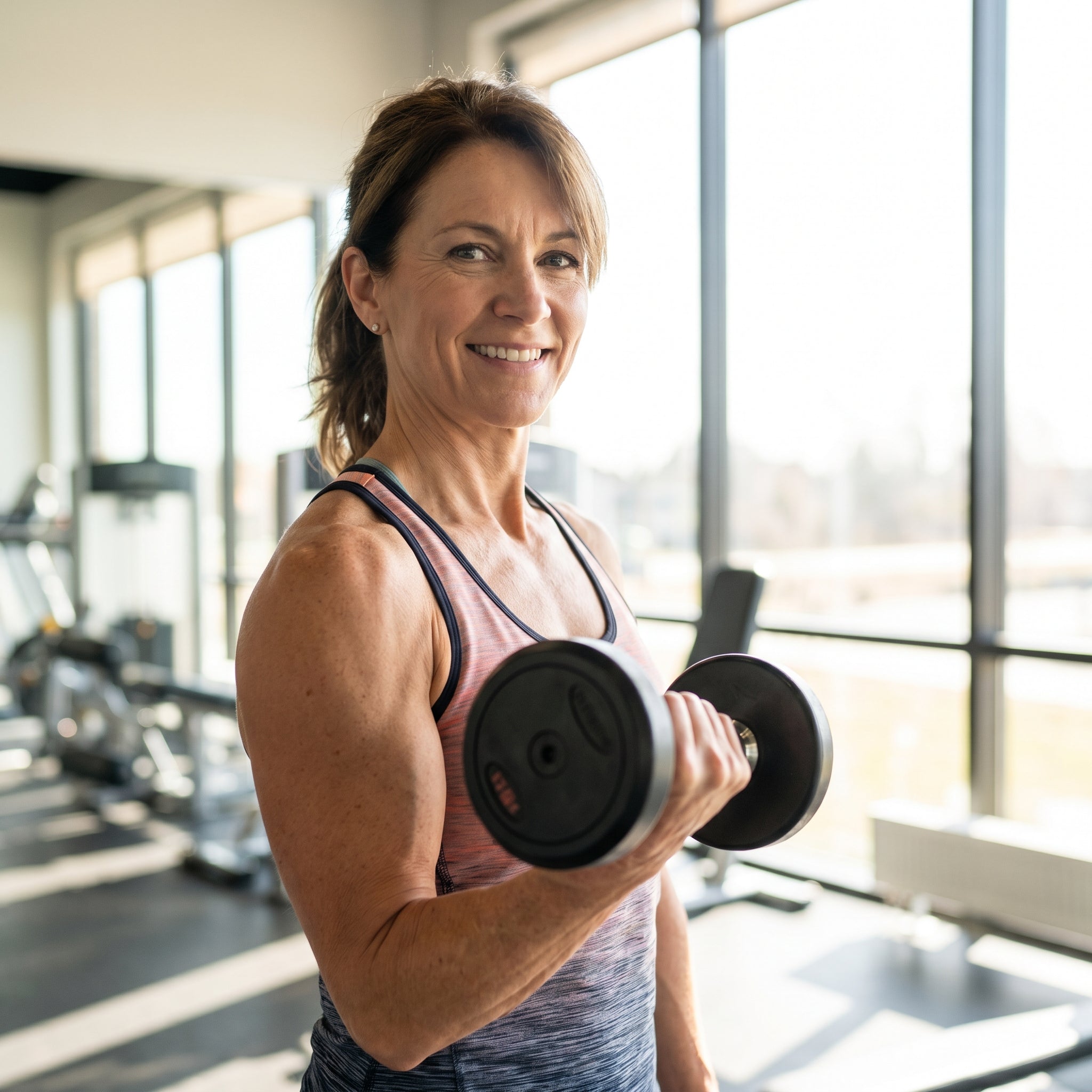 Fit woman doing dumbbell curl - muscle strength